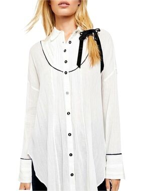 Free People $108 Amore Amore Piped White Button Down Shirt Sz M